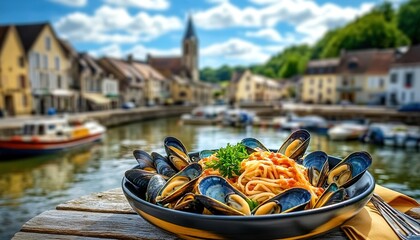 Obraz premium Colorful food photograph from the travel magazine, featuring a small town in northern France with a wooden table and a bowl full of mussels.