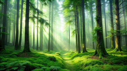 Fototapeta premium A majestic green forest with towering trees and a misty atmosphere, forest landscapes, nature, foliage, countryside, wilderness