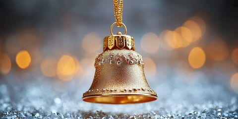 Elegant golden bell ornament hangs shimmering with warm lights