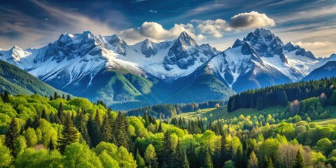 Obraz premium A majestic mountain range with snow-capped peaks and lush green forests in the background, mountainside, nature's splendor