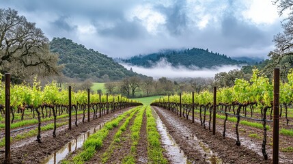 Naklejka premium A rain-soaked vineyard with rows of grapevines, the sky filled with dark clouds and mist rising from the wet ground.