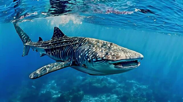 A majestic whale shark swims gracefully just below the surface of the clear blue ocean.