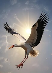 Fototapeta premium A majestic white stork soars through the sky with the sun shining down on its feathers as it surveys its kingdom, sunlight, feathers, avian life