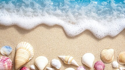 A sandy beach with colorful seashells scattered on the shore, and soft waves lapping at the coastline.