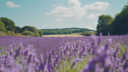 A serene field of lavender stretching to the horizon under a warm summer sun.