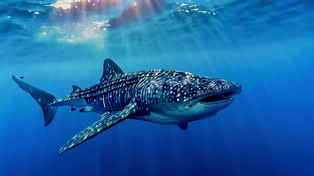 A majestic whale shark swims gracefully in the deep blue ocean with sunbeams shining through the water.