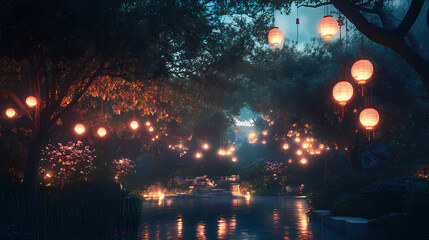 Fototapeta premium A tranquil garden illuminated by softly glowing chinese lanterns hanging from trees at night. Lunar Garden. Illustration