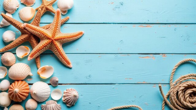 An intimate, eye-level glimpse of vibrant orange starfish nestled among seashells on a captivating turquoise wooden backdrop. Two starfish anchor the left side, adding to the composition's dynamic bea