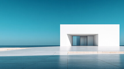 A single clean white building with geometric design against a bright blue sky symbolizing simplicity and modernity with minimalistic bright tone and a blurred, empty space for caption

