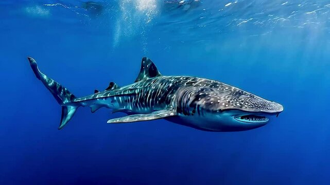 A majestic whale shark with a distinctive spotted pattern glides gracefully through the clear blue ocean water near the surface.