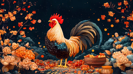 Celebrating lunar new year with a rooster garden digital art festive. Lunar Garden. Illustration