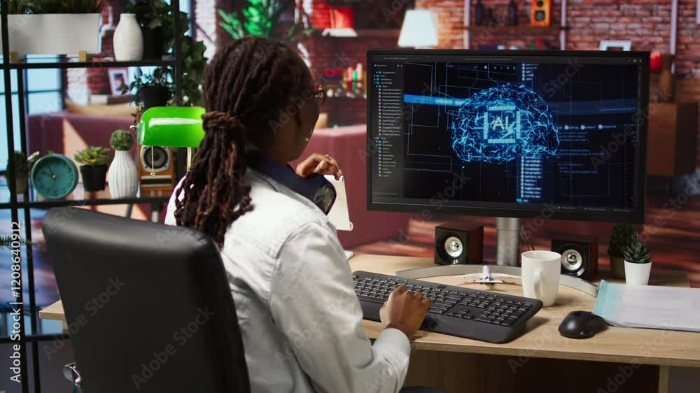Poster overjoyed programmer happily clapping hands after finishing maintenance on neural networks. it exper