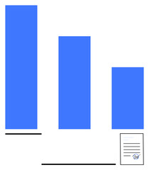 Blue bar chart with three columns, black baselines, and a document featuring a handshake icon. Ideal for business analysis, data visualization, agreements, reports, research, metrics abstract line