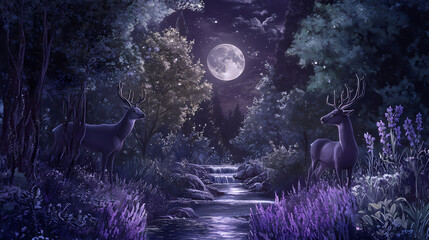 Fototapeta premium Enchanting moonlit garden with shimmering flowers and a gentle stream, guarded by elegant deer on either side, twilight sky, dark green, lavender, and silver tones. Lunar Garden. Illustration