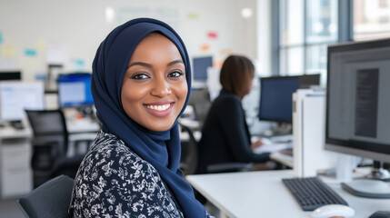African business woman in blue hijab work at office with computers in desk