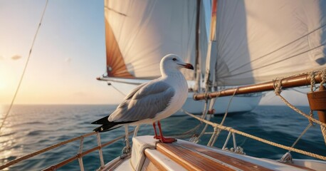 Fototapeta premium A perched seagull on the sail of a sailing boat with the sea in the background, ocean, coastline, Mediterranean sea