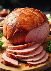A perfectly cooked, spiral-cut ham with a side of tangy BBQ sauce, barbecued ham, ham glaze, gourmet ham