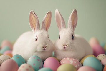 Cute white rabbits surrounded by colorful Easter eggs during spring celebration
