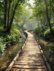 Obraz premium A picturesque wooden pathway crossing a gentle flowing stream in the forest, woods, stream
