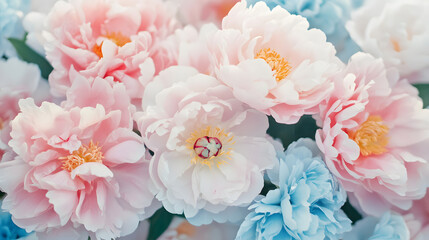 Soft Pink Peonies on a Pastel Floral Background with Light Blue Accents