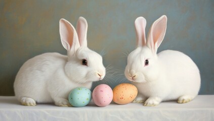 Obraz premium Cute white rabbits surrounded by colorful Easter eggs during spring celebration