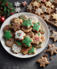 Fototapeta premium A plate of assorted Christmas cookies with sprinkles and icing, icing, sweet treats, holiday treats