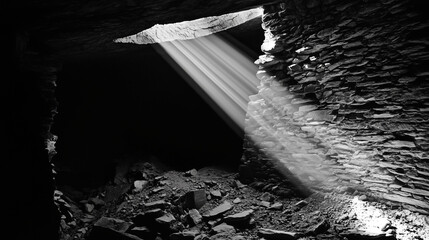 Dark mine shaft with a single beam of light cutting through the shadows, symbolizing hope and discovery in the depths of exploration and perseverance