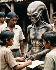 Fototapeta premium Alienigena revisando unos papeles junto a unos habitantes de un poblado, imagen antigua