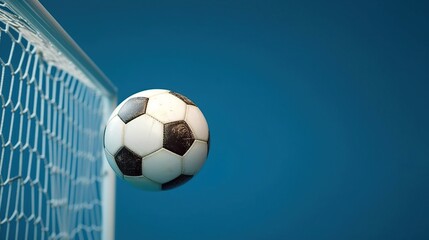 Soccer ball in goal on blue background Generative AI