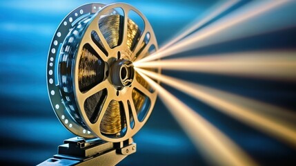 Obraz premium Film reel projecting light in a cinematic setting.