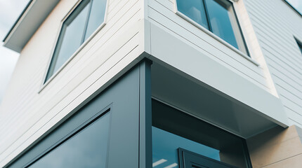 Obraz premium Modern House Exterior: Clean Lines and Contemporary Design. A stunning example of minimalist architecture with a sleek grey and white facade.