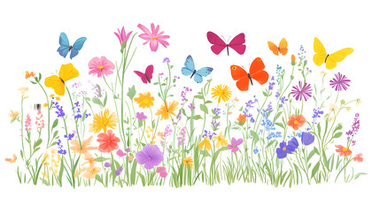 Bright and Cheerful Floral Pattern Featuring Vibrant Wildflowers and Butterflies