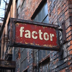 Rustic Red Factory Sign Mounted on Exterior Red Brick Wall of an Industrial Building with Weathered Paint and Metal Texture in Urban Alleyway