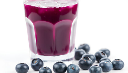 Refreshing Glass of Blueberry Juice with Fresh Berries on White