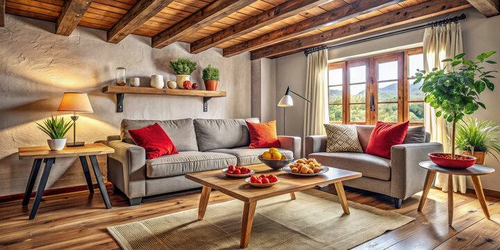 Warm lighting bathes a gray couch, red accents pop against wood ceilings, creating cozy food photography vibes.