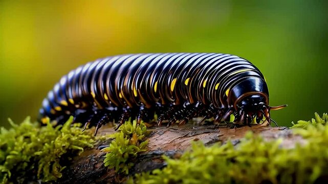 A detailed macro photograph of a black and yellow millipede with numerous legs crawling on a moss-covered branch.