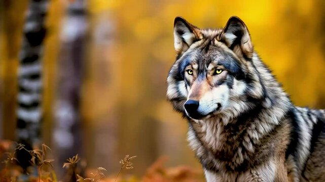 A majestic gray wolf stands in a beautiful autumn forest with golden foliage in the background.