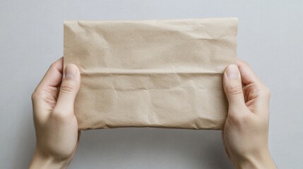 Hands holding a crumpled brown paper bag.