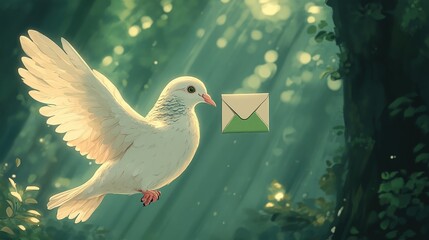 White dove carries green message, sunlit forest.