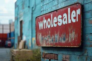 The Red Rustic Wholesaler Sign on an Urban Brick Building Exterior in Cityscape Depicting Urban Commercial Environment with Textual Emphasis