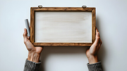 Blank Wooden Chalkboard: A pair of hands hold a rustic wooden chalkboard with a blank surface, ready for your message.