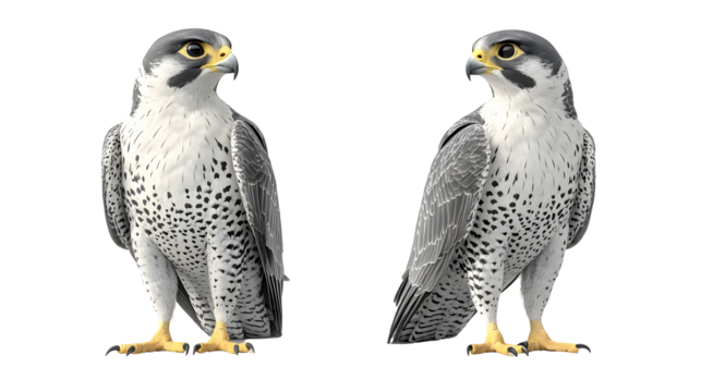 Majestic Peregrine Falcons: Two peregrine falcons, symbols of speed and power, stand facing opposite directions, showcasing their striking plumage and intense gaze.