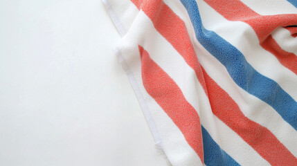 A clean, white background with one red, white, and blue striped beach towel.