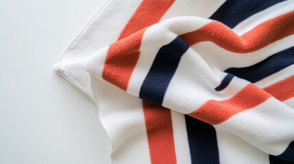 A clean, white background with one red, white, and blue striped beach towel.