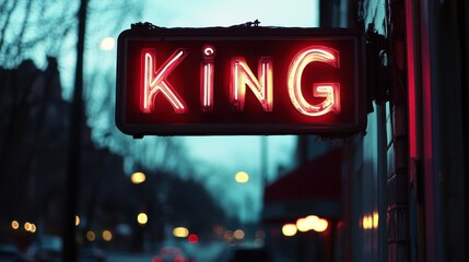 A Vibrant Neon Sign Illuminates the Night Street, Showcasing Bold Red Letters Spelling "KING" with a Subtle Cityscape in the Background