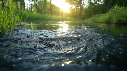 Fototapeta premium Serene Forest Stream at Sunset - Tranquil Nature Scene with Warm Glow