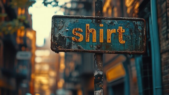 A rusted and weathered metal street sign displays the word shirt, intriguing passersby with its unusual and cryptic message in an urban alleyway setting