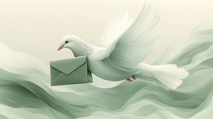 White dove carries sage green envelope, flowing background.