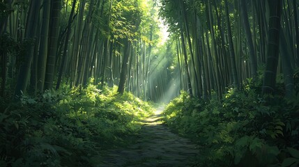 Fototapeta premium Sunlit path through dense bamboo forest, lush green foliage, stone path.