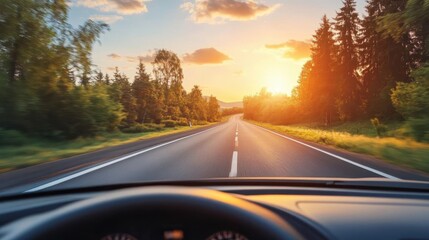 Scenic road trip, close-up of dashboard with open road ahead, soft sunset light in the background